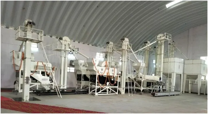 Seed processing plant with pre cleaner, grader, bucket elevator and grain storage bins