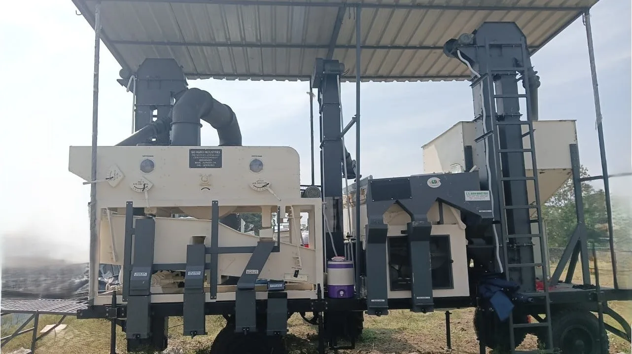 Mobile seed processing unit installed on trailer for on-farm seed cleaning and grading